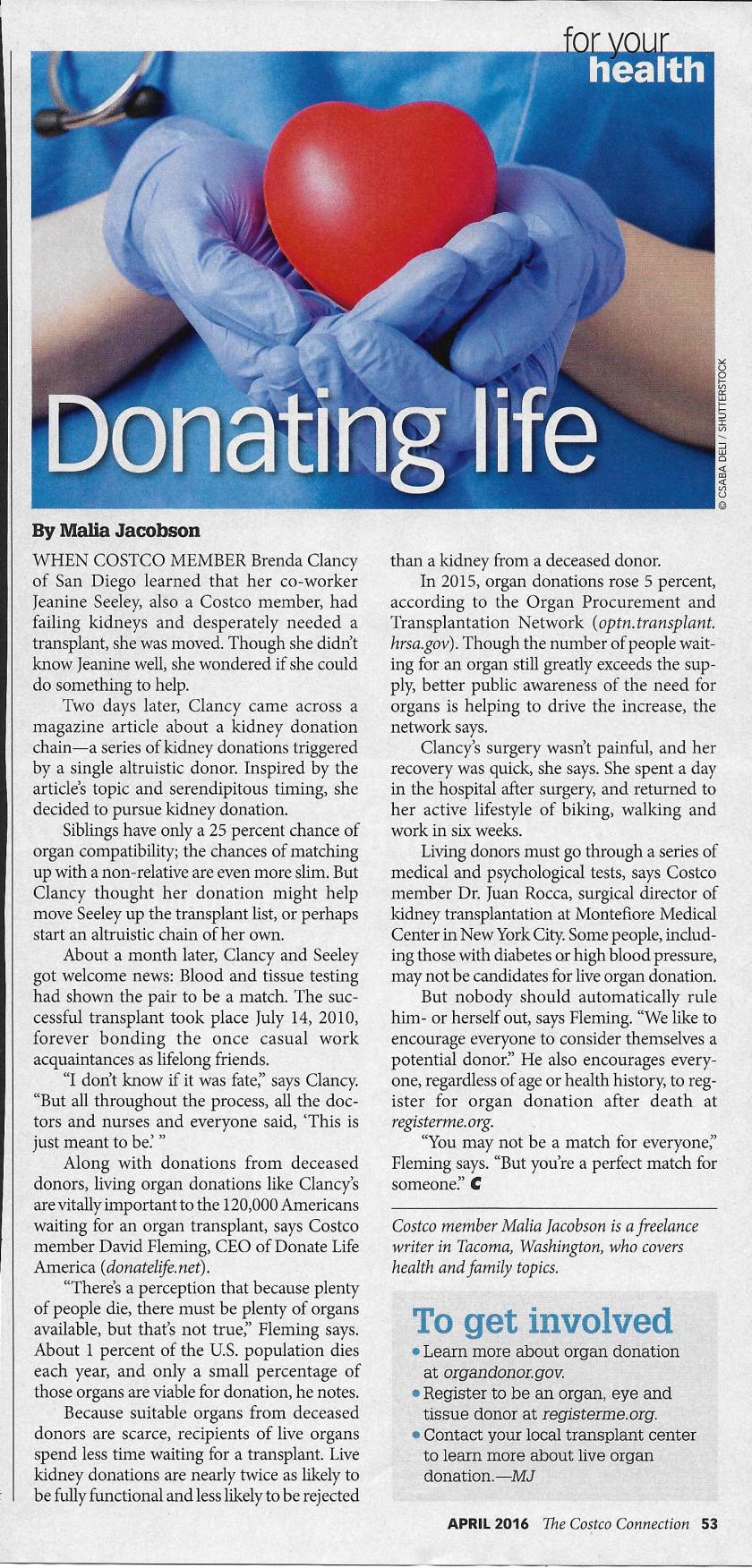 Donating Organ article-The Costco Connection Apr 2016